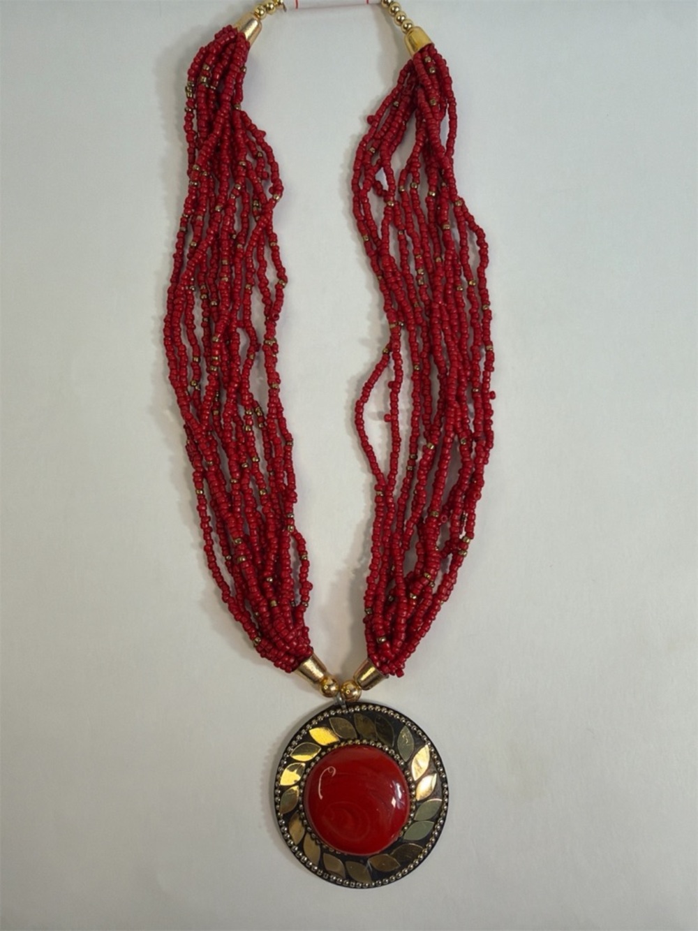 Red Beaded Multi-Strand Pendant Necklace - Unbranded